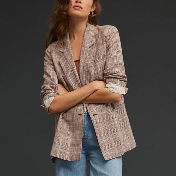 Maeve Double Breasted Blazer Brown Plaid Cotton Linen Blend Size 8 - Picture 1 of 9